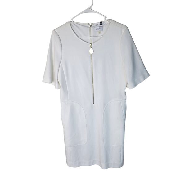 DKNY White Front Half Zip Elbow Length Short Sleeve Knee Length Dress NWT - 10 - Picture 1 of 7